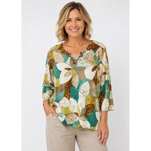 Alfred Dunner Top Women 2X Teal Brown Floral Beaded Split Neck 3/4 Sleeve Blouse